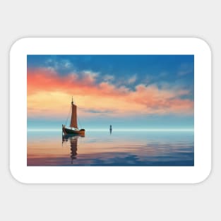 Tranquil Water Boat Serene Landscape Sticker